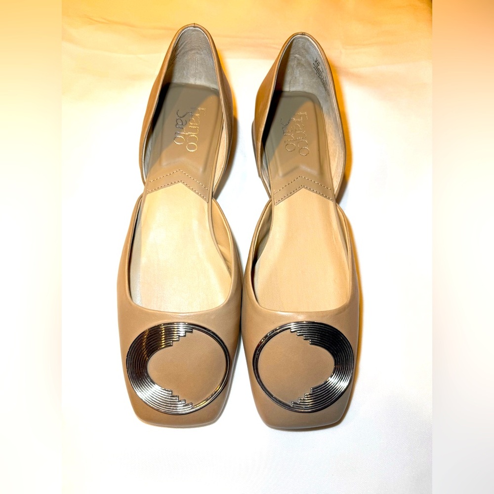 Franco Sarto Women's Beige Peep Toe Flats with Silver Accent